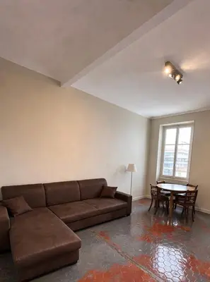 a living room with a couch and a table at Renovated 2-room apartment Sleeps 4 Tram and shops nearby in Nice
