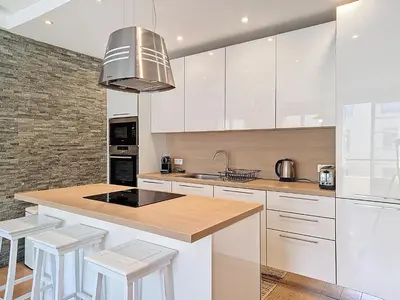 a kitchen with white cabinets and white stools at Nestor&Jeeves - GELATO - Bright - Balcony in Nice