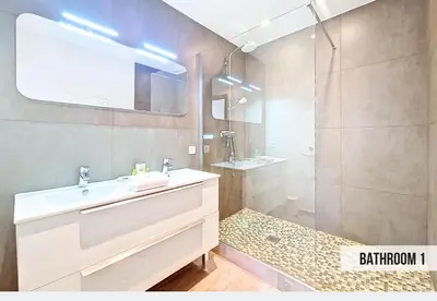 a bathroom with a sink and a shower at Nestor&Jeeves - GELATO - Bright - Balcony in Nice
