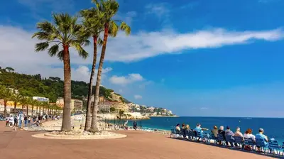 a group of people standing on a beach with palm trees at Living Nice and French Riviera in Nice