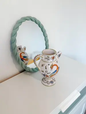 a mirror with a teapot and a cup on a shelf at Elegant Apartment with Balcony, Central Nice in Nice