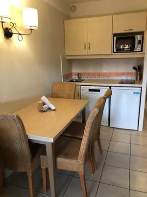 a kitchen with a wooden table with chairs and a refrigerator at Héliotel Marine in Saint-Laurent-du-Var
