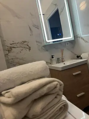 a bathroom with a sink and a mirror and towels at Studio Lumiere Nice Center in Nice