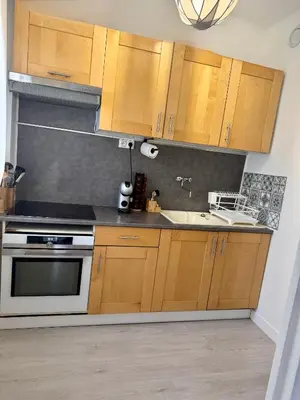 a kitchen with wooden cabinets and a sink at Studio Lumiere Nice Center in Nice