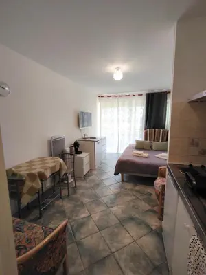 a living room with a couch and a table at Good studio in Nice