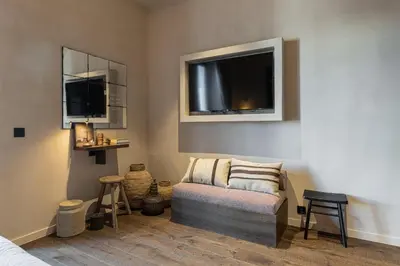 a living room with a couch and a flat screen tv at Wabi-Sabi Hôtel Lorrain in Nice
