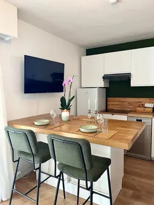 a kitchen with a table with chairs and a tv at Charming 2 rooms with balcony in Nice
