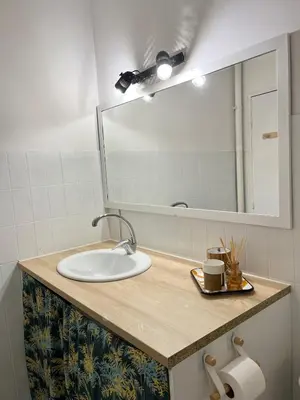 a bathroom with a sink and a mirror at Charming 2 rooms with balcony in Nice