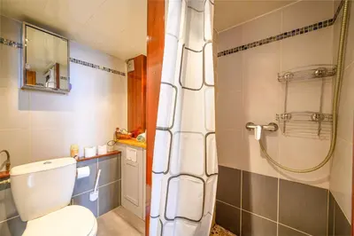 a bathroom with a toilet and a shower at LX196 Studio mezzanine balcon Tram plage à pied in Nice