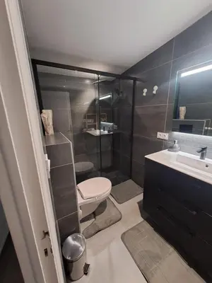 a bathroom with a toilet and a shower and a sink at Studio dans le vert in Nice