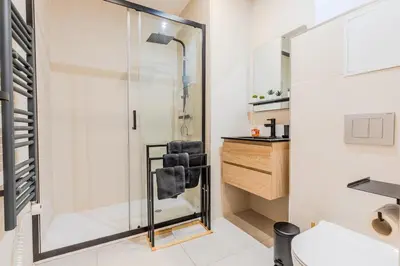 a bathroom with a shower with a glass door at Dolce Vita - Studio Centre Nice in Nice