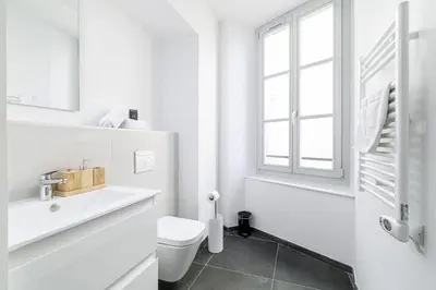 a white bathroom with a toilet and a sink at Charming City Center Studio 402 in Nice