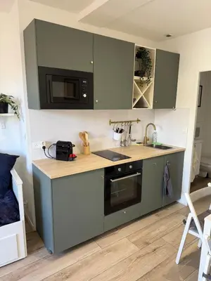 a kitchen with green cabinets and a microwave at Charmant studio pour amoureux in Nice