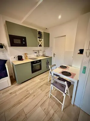a kitchen with green cabinets and a table and a chair at Charmant studio pour amoureux in Nice