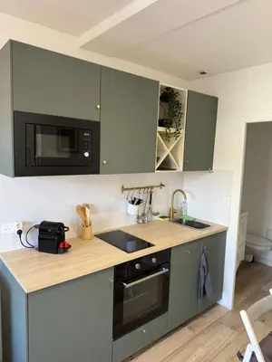 a kitchen with green cabinets and a sink at Charmant studio pour amoureux in Nice