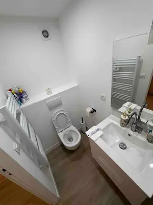 a white bathroom with a sink and a toilet at Nikaia Residence - 2BR Central Nice Close to Everything in Nice