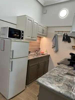 a kitchen with a white refrigerator and a sink at A Sweet Escape for Two in Nice