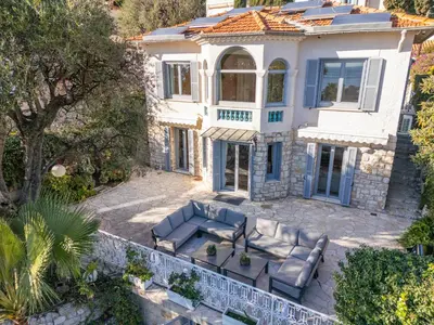 an aerial view of a house with a patio at Villa Belle Epoque, sea view, pool & hammam in Èze
