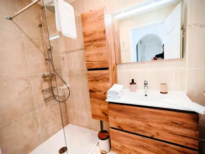 a bathroom with a sink and a shower at Modern Gem 200m from Beaches with Balcony, AC and Tram in Nice