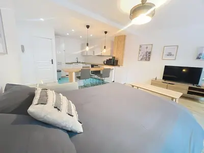 a bedroom with a large bed and a living room at Séjour idéal au cœur du Vieux-Nice in Nice