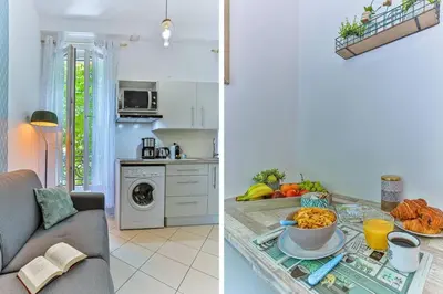 a kitchen and a living room with a table with a bowl of food at GROSSO 1 MD - New 3 minutes from the Sea in Nice