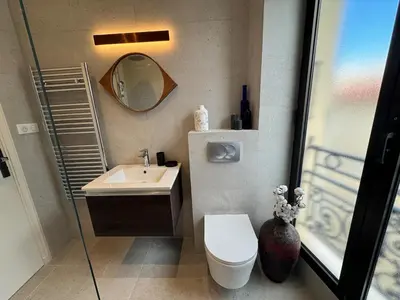 a bathroom with a toilet and a sink and a mirror at 10 Félix Faure, Nice in Nice