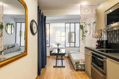a kitchen and living room with a mirror and a couch at 9 rue Pairoliere in Nice