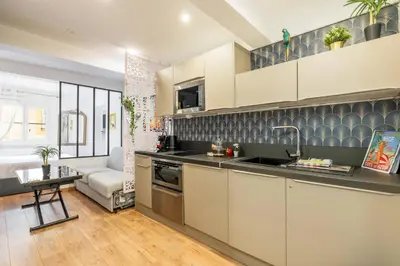 a kitchen with a sink and a living room at 9 rue Pairoliere in Nice