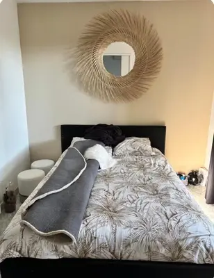 a bedroom with a bed with a mirror on the wall at 2 pièces RDJ Proche Mer in Nice