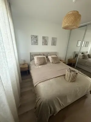 a bedroom with a large bed and a mirror at Deux pièces moderne avec balcon & Vue dégagée in Nice