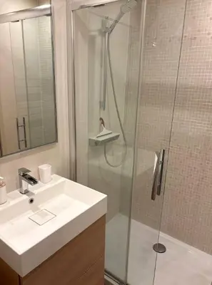 a bathroom with a shower with a sink and a shower at NiceVueEnsoleille in Nice