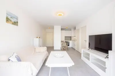 a living room with a white couch and a tv at Appartement du Port with park view in Nice