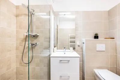 a bathroom with a shower and a sink at Appartement du Port with park view in Nice