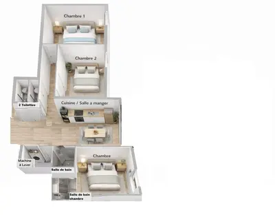 a floor plan of a bedroom apartment with at Moderne 3 chambres, 2 douches, proche gare, wifi in Nice