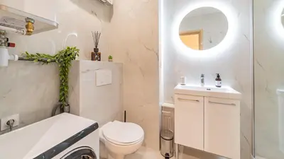 a bathroom with a toilet and a sink and a mirror at B G Cocon Meyerbeer 2 - Grimaldi Promenade des Ang in Nice