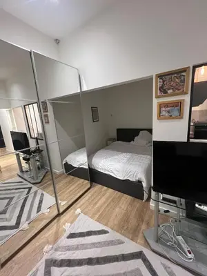 a bedroom with a bed and a tv and a mirror at Appartement vieux Nice in Nice