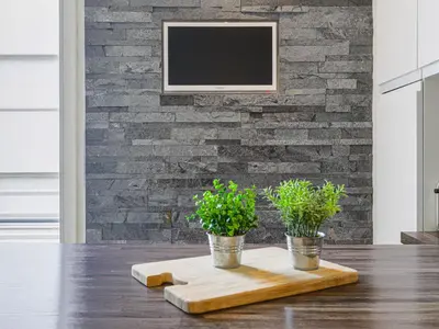two potted plants on a table with a tv on a brick wall at Apartment Saint Christophe by Interhome in Nice
