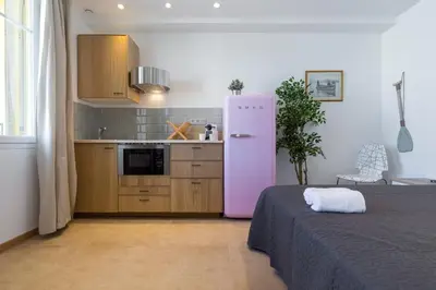 a kitchen with a pink refrigerator in a room at Palais Saint Pierre in Cagnes-sur-Mer