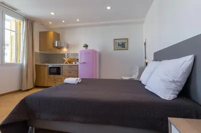 a bedroom with a large bed and a pink refrigerator at Palais Saint Pierre in Cagnes-sur-Mer