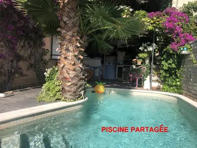 a swimming pool with a palm tree in a yard at Les Grimaldines - Maison d'Hôtes in Cagnes-sur-Mer