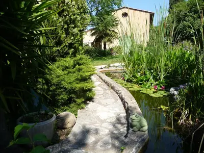 a garden with a path next to a pond at Appartement Castagniers in Castagniers