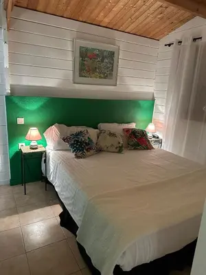 a bedroom with a large bed with a green headboard at Hôtel La Fiancée du Pirate in Villefranche-sur-Mer