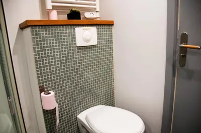 a small bathroom with a toilet and a green tiled wall at Apartment Massena - Old Town in Nice