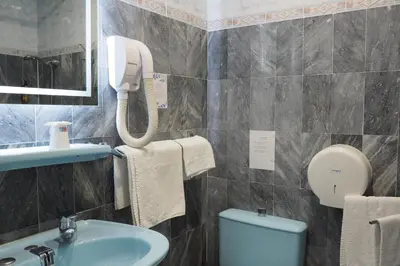a bathroom with a sink and a toilet and a phone at Hotel Busby in Nice
