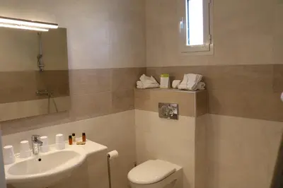 a bathroom with a toilet and a sink at Hôtel du Bord de Mer 