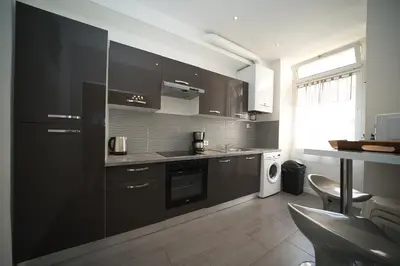 a kitchen with black cabinets and a sink and a dishwasher at Designer Flat Nice in Nice