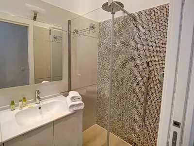 a bathroom with a sink and a glass shower at Nestor&Jeeves - COLIBRI PRESTIGE - Central - Close sea in Nice
