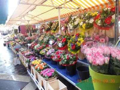 a flower market with lots of flowers on display at Breakfast at Sophy's in Nice