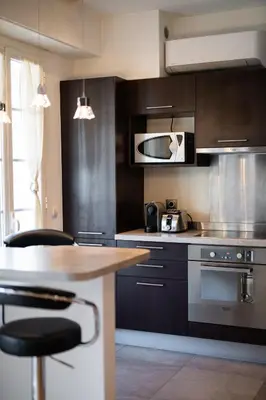 a kitchen with stainless steel appliances and a counter at Appartement Musiciens in Nice
