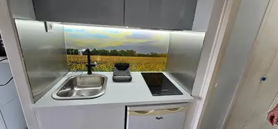 a kitchen with a sink and a view of a field of flowers at Affitto-Nizza in Nice